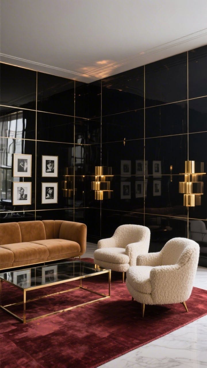Wide shot, straight-on view of a glamorous living room featuring a jet-black high-gloss lacquer feature wall with thin brass inlay grids forming perfect rectangles; camel velvet low-profile sofa, smoked glass coffee table with brass frame, two cream bouclé sculptural club chairs, stepped brass sconces echoing the grid, plush oxblood rug, slim brass picture rail displaying black-and-white photography; palette of black, brass, camel, oxblood; mirror-like reflections, evening ambient glow.