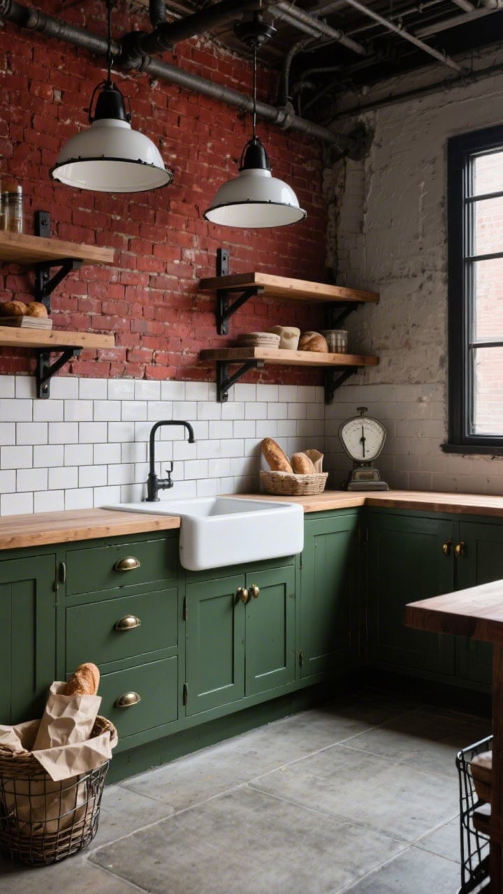 Wide, slightly elevated corner view of an industrial retro market kitchen: exposed red brick wall, matte forest-green cabinets with antique nickel cup pulls; butcher-block counters; white apron-front sink; stacked white tile backsplash with dark grout behind the sink zone; enamel-white warehouse pendants with black trim; open shelving on blackened steel brackets with thick wood shelves; concrete-look tile flooring; styled with wire baskets, paper-wrapped loaves, and a vintage scale; moody yet clean industrial lighting, photorealistic
