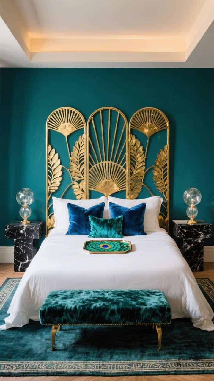 Wide, straight-on glamour shot of a three-panel gilded screen repurposed as a headboard, featuring cutout fan and ray motifs set against a deep teal wall; bed styled with crisp white sheets to balance saturation and peacock-toned accents: sapphire velvet pillows and a malachite-print tray on the bed; black marble side tables with glass orb lamps on each side; vintage-style rug on the floor with a faint Deco border; rich textures of velvet, glass, and metal leaf under warm ambient lighting.