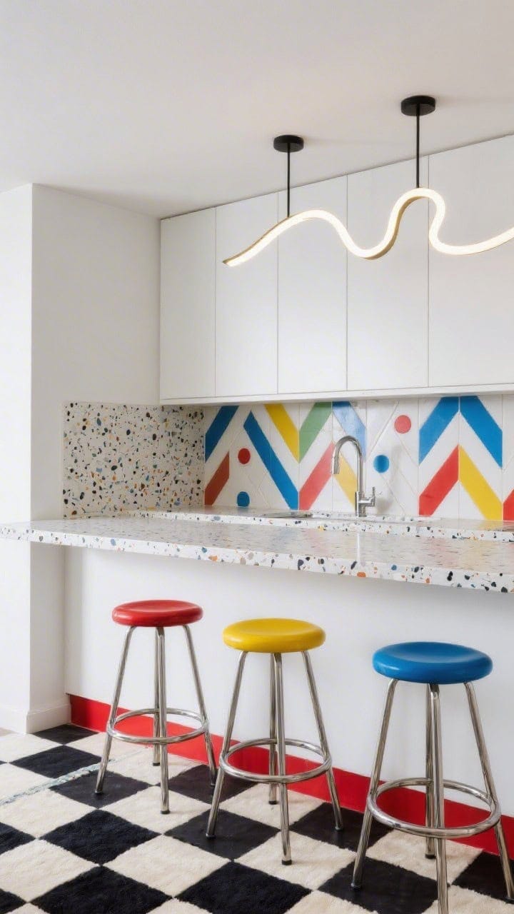Wide, straight-on Modern Memphis Moment: white flat-front laminate cabinets, tri-color toe kicks in red, yellow, and blue, terrazzo-look countertop with chunky specks, graphic tile backsplash with zigzags and dots, sculptural squiggle light overhead, checker rug on the floor, simple tubular steel barstools with saturated seats; crisp even lighting.