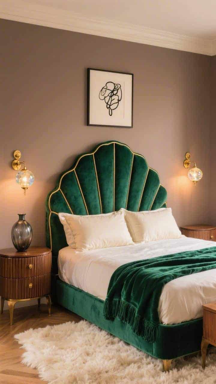 Wide, straight-on photorealistic bedroom shot centered on a tall scalloped shell headboard in deep emerald velvet with slim brass piping, glowing under warm lamp light; matte mushroom taupe walls, brass-and-opal globe sconces framing the bed like earrings, low walnut nightstands with fluted fronts, cream shag rug underfoot, satin pillow shams in cream; styled with a smoked glass vase, framed black line art above one nightstand, and a folded emerald velvet throw at the foot; palette of emerald, brass, taupe, cream; Old-Hollywood glam yet calming.