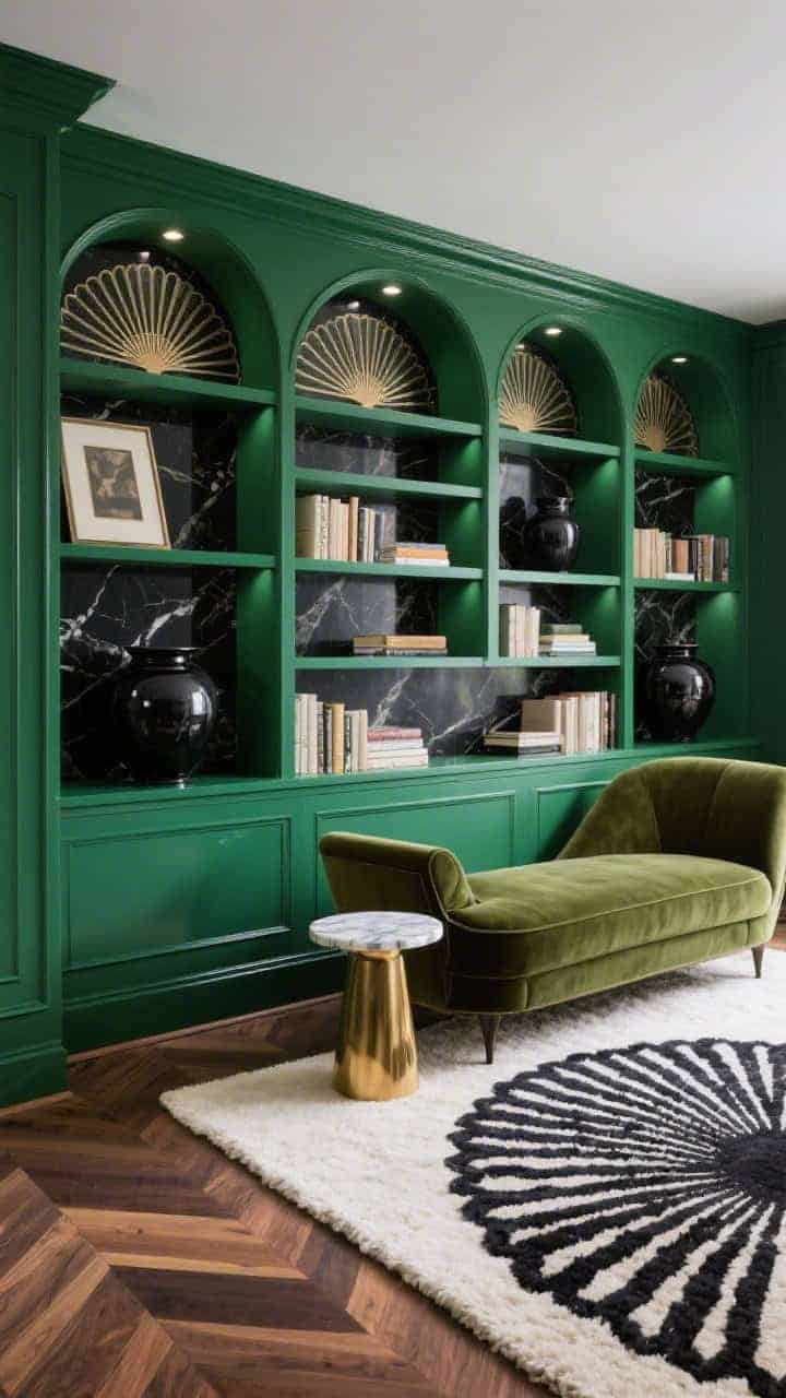 Wide, straight-on view: Built-in shelves painted emerald green with onyx-black backing, crowned by a repeating Art Deco fan motif; dark herringbone wood floor partially covered by an ivory wool rug with a black fan pattern; a sculptural chaise in moss velvet and a brass-and-marble side table create a lounge feel; oversize matte black ceramic urns and a curated mix of neutral-spined art books; saturated emerald-and-onyx drama with theatrical lighting, no people.