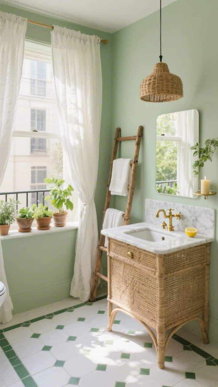 Wide, sunlit “balcony” bathroom view: soft sage green walls, ivory linen café curtains filtering sunlight, cane-front vanity with Carrara marble top and gently curving legs, small white hex tile floor with a green border, polished brass taps gleaming, a vintage wooden ladder holding towels, and a windowsill cluster of potted herbs—thyme, mint, basil; airy spring mood, subtle rattan pendant overhead, lemon verbena candle on the vanity; photorealistic.