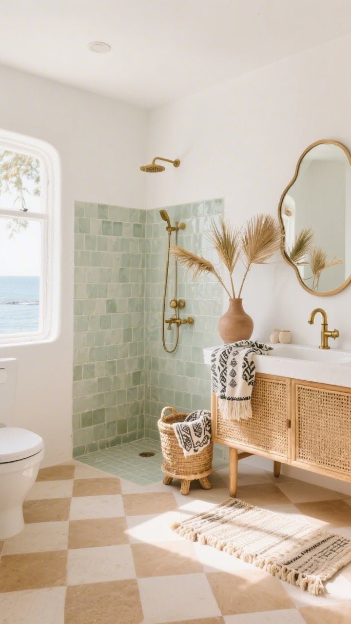 Wide, sunlit room shot: Boho bathroom with oversized matte white and warm sand checkerboard floor; shower clad in slightly irregular soft sage square tiles; cane-front vanity with a brass gooseneck faucet; wavy-edged mirror; dried palms in a vase, jute basket, patterned towels; footed planter and tasseled bath mat; bright natural daylight streaming in for a playful, breezy vibe; photorealistic.