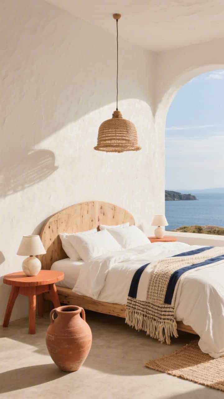 Wide, warm Mediterranean coastal scene: warm white limewashed walls with subtle movement; low curved natural-wood headboard; terracotta side tables; ivory linen duvet with a thin navy-and-cream throw layered across; woven raffia pendant overhead; tiny alabaster lamps on side tables; a single clay amphora on the floor; airy, earthy, sun-bathed atmosphere.