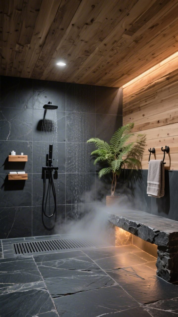 Wide wet room shot: Nature-soaked spa with dark charcoal slate floor and wall tiles, continuous for full wet room; cedar cladding on ceiling and one feature wall for sauna vibes; linear drain, wall-mounted rain shower, matte black fixtures; stone bench and a wall niche with warm LED lighting; teak bath caddy, oversized towel hooks, a potted fern; steamy ambiance with soft, diffused light; photorealistic.