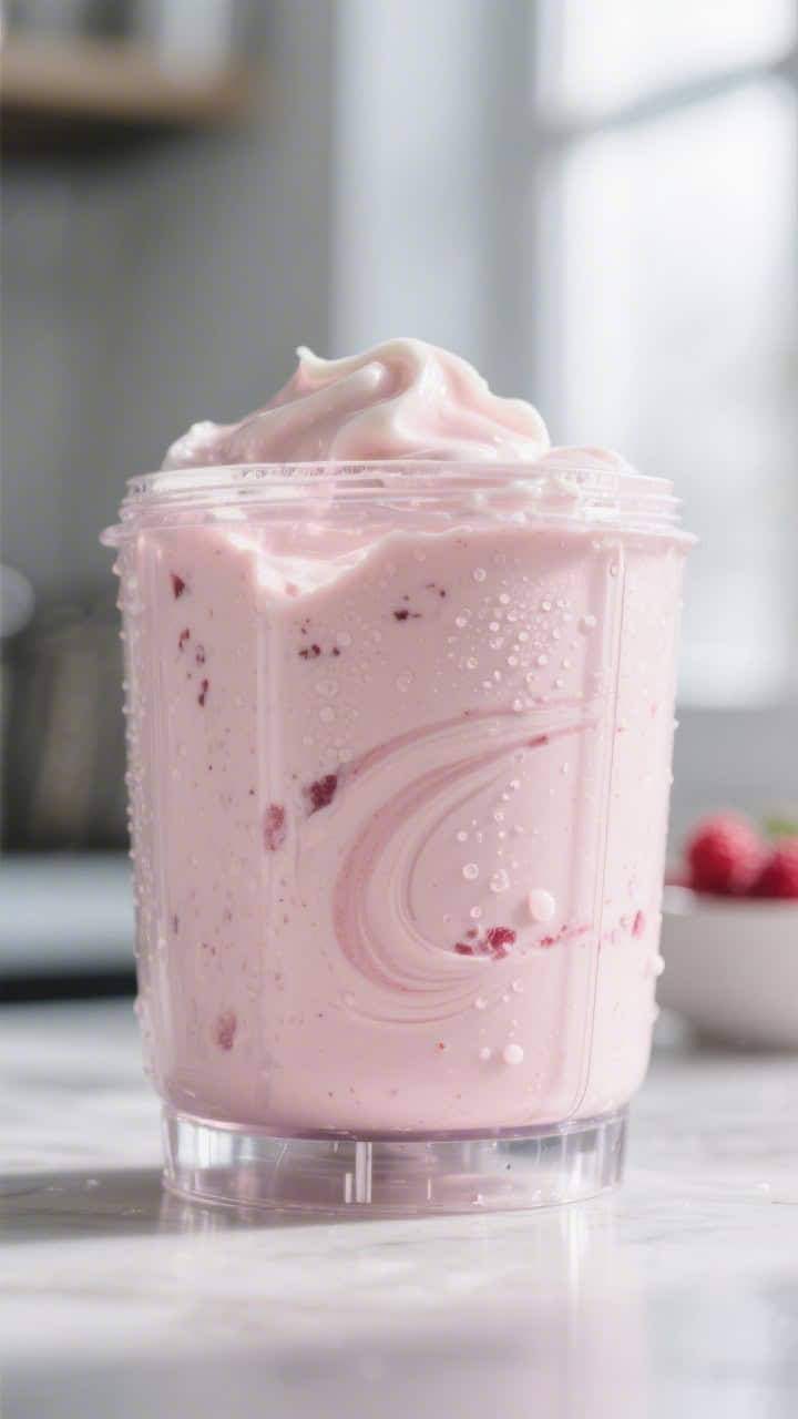 Blender base detail: Ultra-creamy keto raspberry ice cream base in a clear blender jar, softly thick