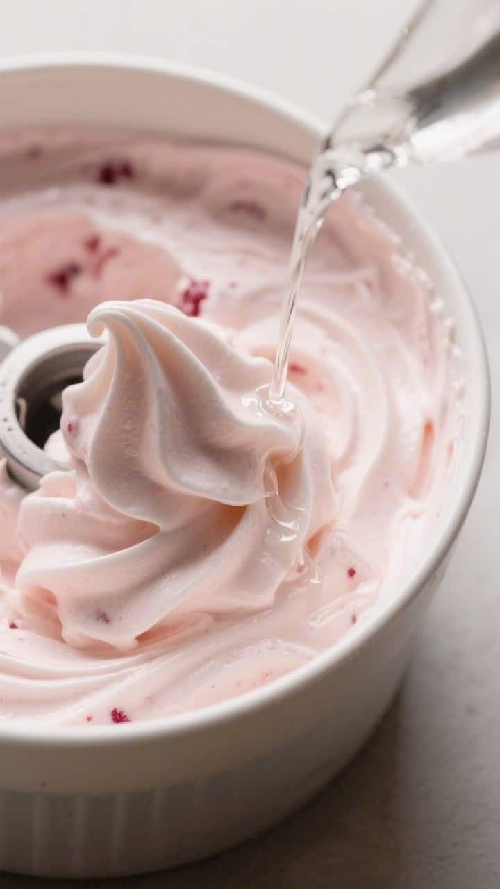Churned soft-serve stage: Freshly churned raspberry ice cream at soft-serve consistency in an ice cr
