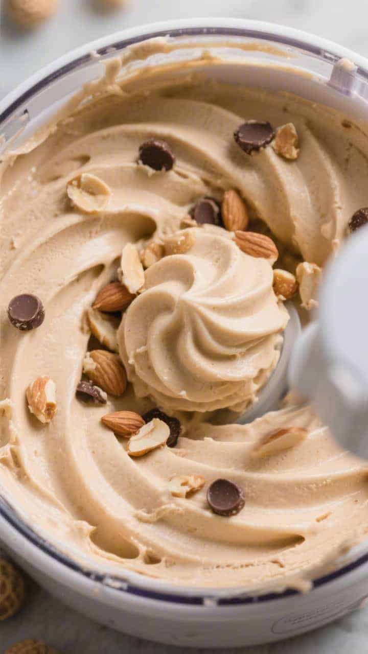 Churning action: Overhead shot of churned keto peanut butter ice cream at soft-serve stage inside an