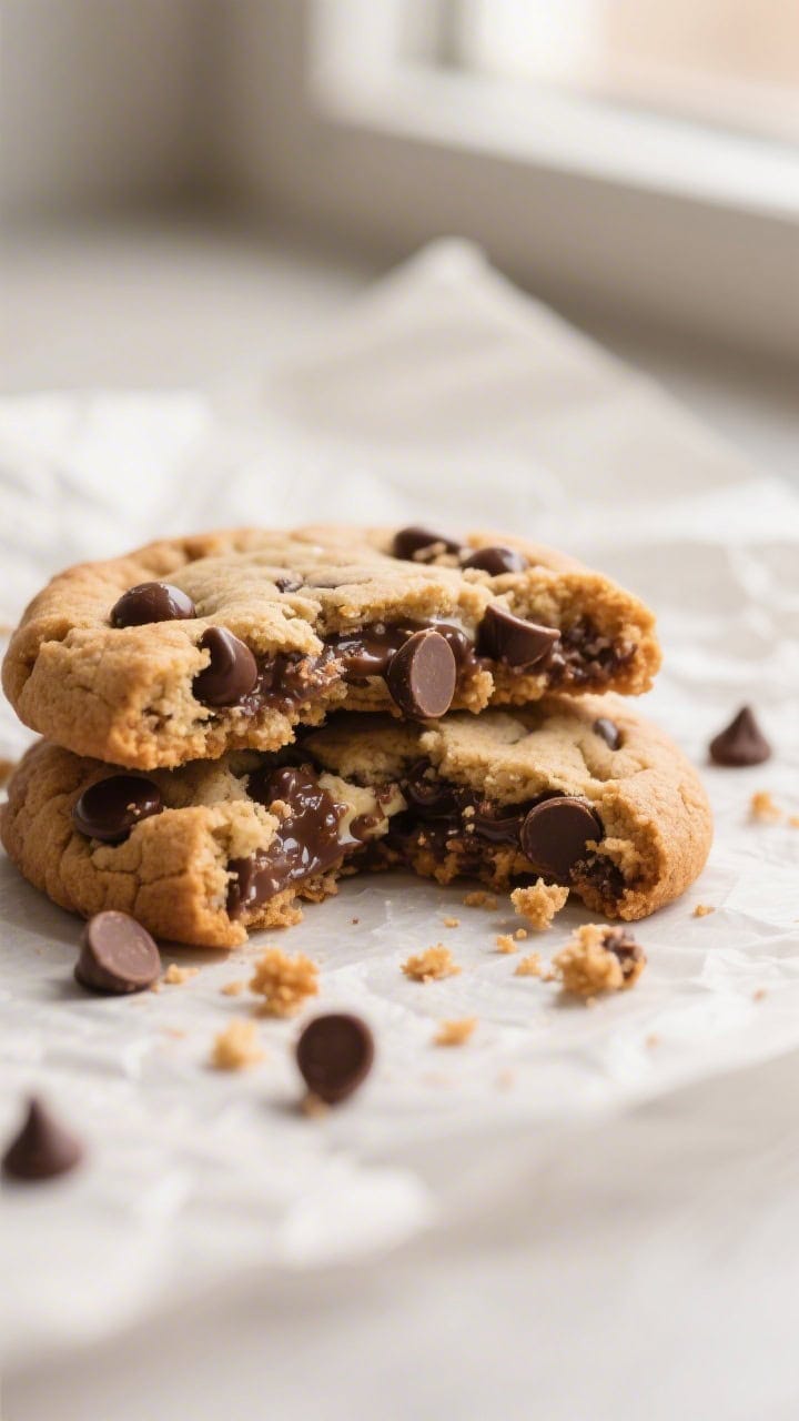 Close-up detail: A freshly baked keto chocolate chip cookie broken in half, revealing a soft, chewy 