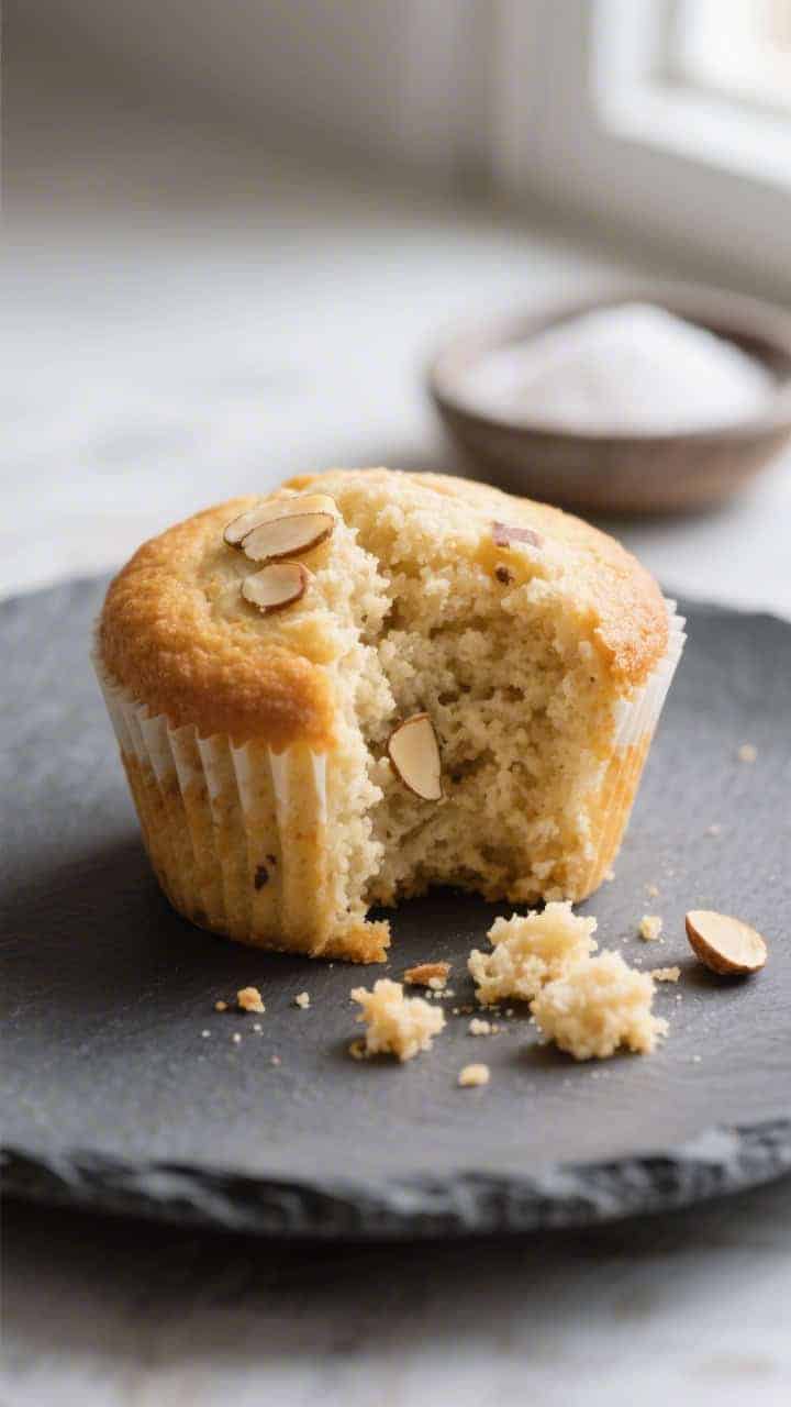 Close-up detail: A just-baked keto almond flour cupcake torn open to reveal a moist, tender crumb wi