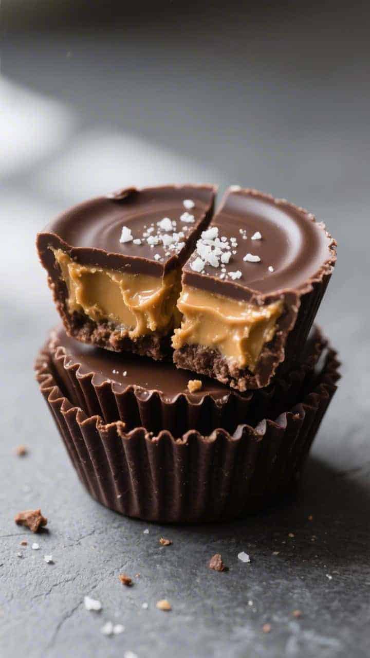 Close-up detail: A set peanut butter cup sliced cleanly in half to reveal a thick, creamy peanut but