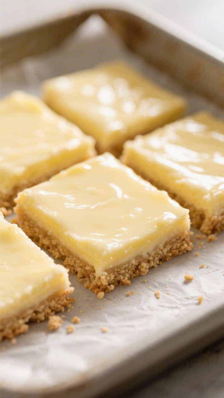 Close-up detail: Freshly baked keto lemon bars just out of the oven, filling set with a slight jiggl