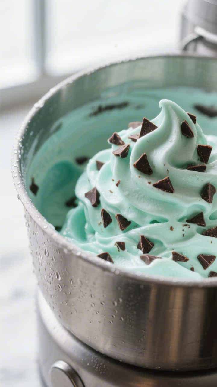 Close-up detail: Silky mint chocolate chip ice cream mid-churn in an ice cream maker, soft-serve con