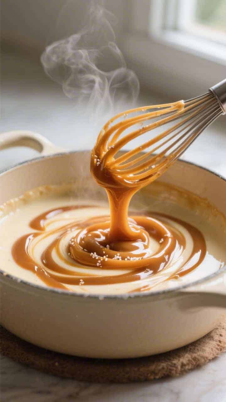 Close-up detail: Thick ribbons of glossy keto salted caramel being whisked into a warm custard base 
