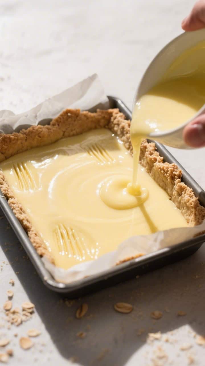 Cooking process: Almond flour crust pressed evenly into a parchment-lined square pan, just par-baked