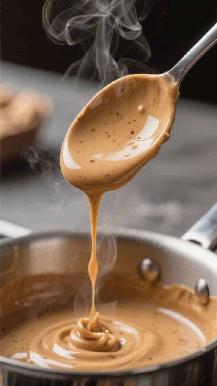 Cooking process: Close-up of silky peanut butter custard coating the back of a spoon/spatula over a 