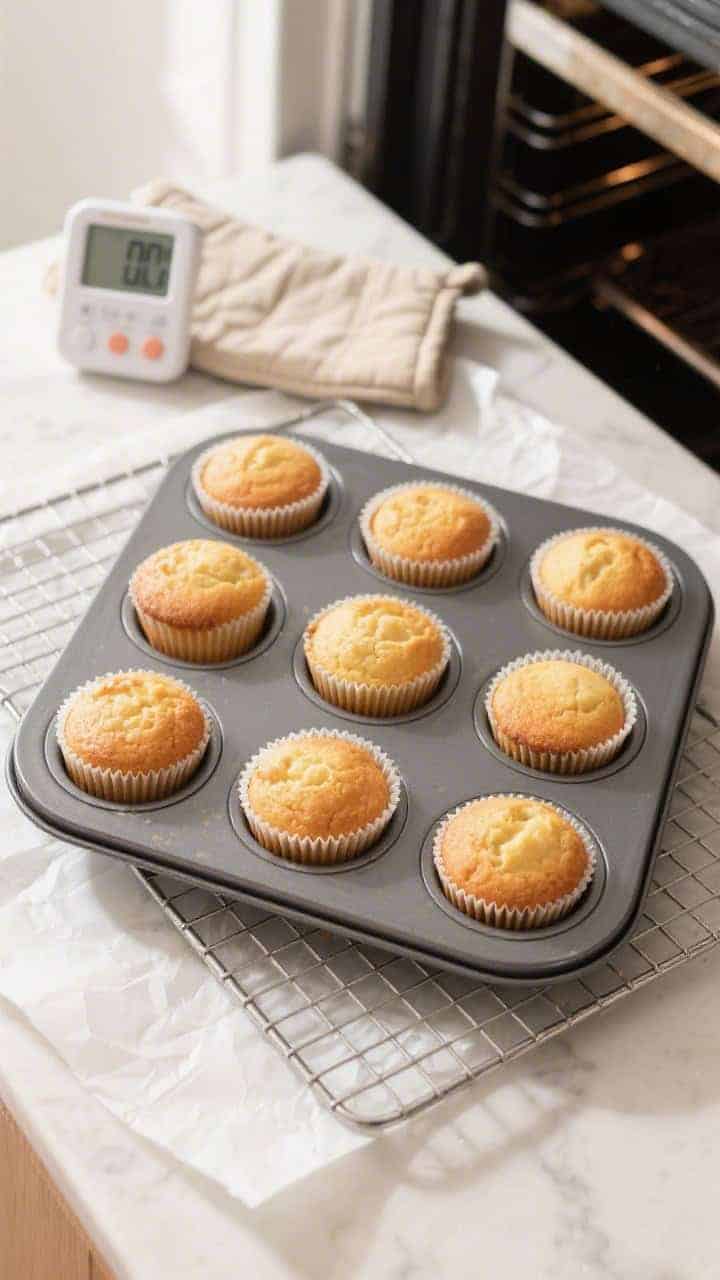 Cooking process: Overhead shot of a lined 12-cup muffin tin on a cooling rack with freshly baked cup