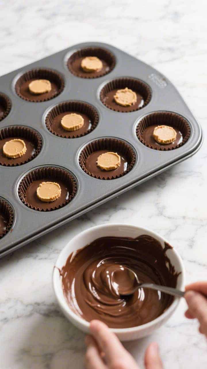 Cooking process: Overhead shot of a lined standard muffin tin on a cool marble surface with the firs