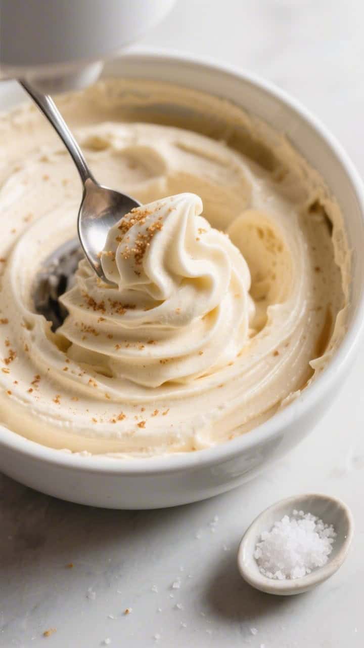 Cooking process: Overhead shot of freshly churned keto salted caramel ice cream at soft-serve stage 