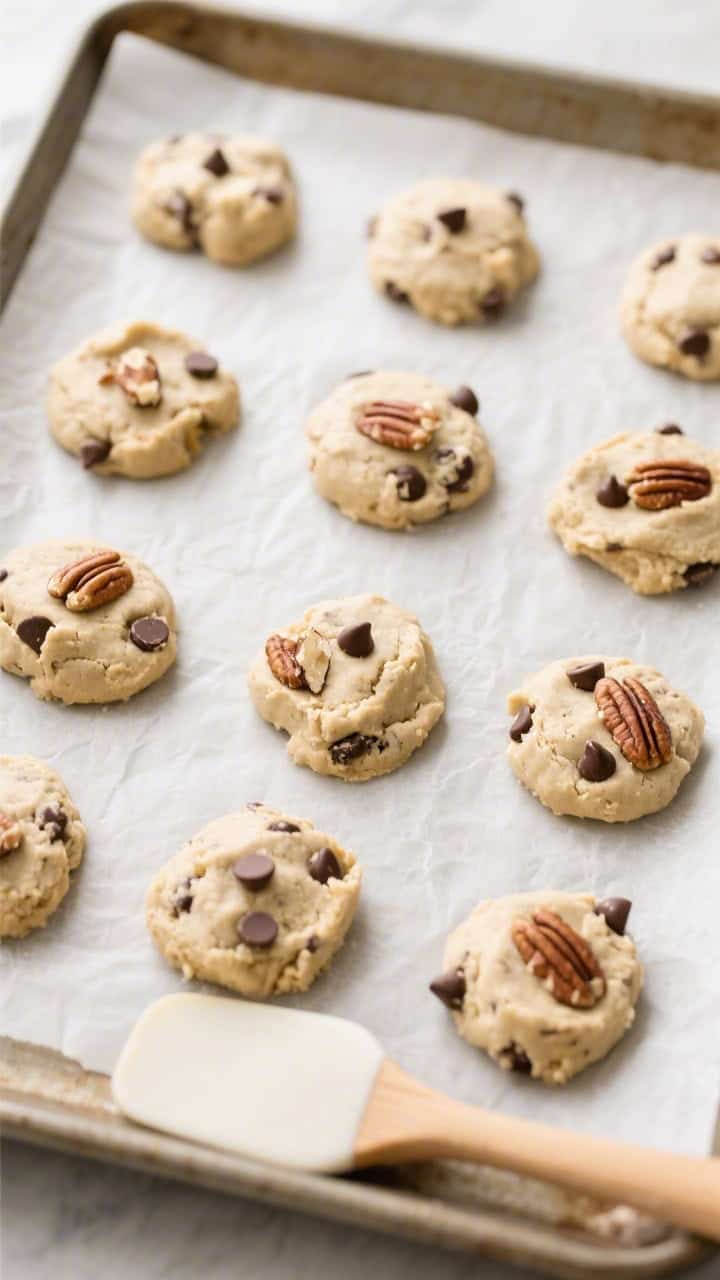 Cooking process: Overhead shot of portioned keto cookie dough mounds on a parchment-lined baking she