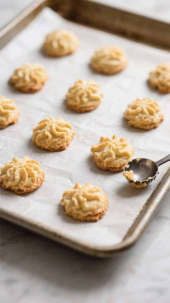Cooking process: Overhead shot of shaped macaroon mounds on a parchment-lined baking sheet just out