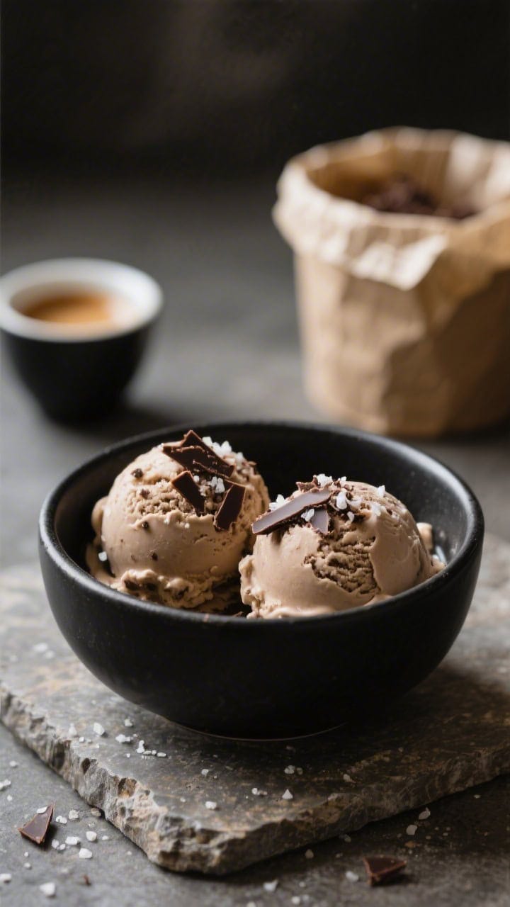 Final dish beauty shot: Two perfect scoops of Keto Coffee Ice Cream in a chilled, matte black bowl, 