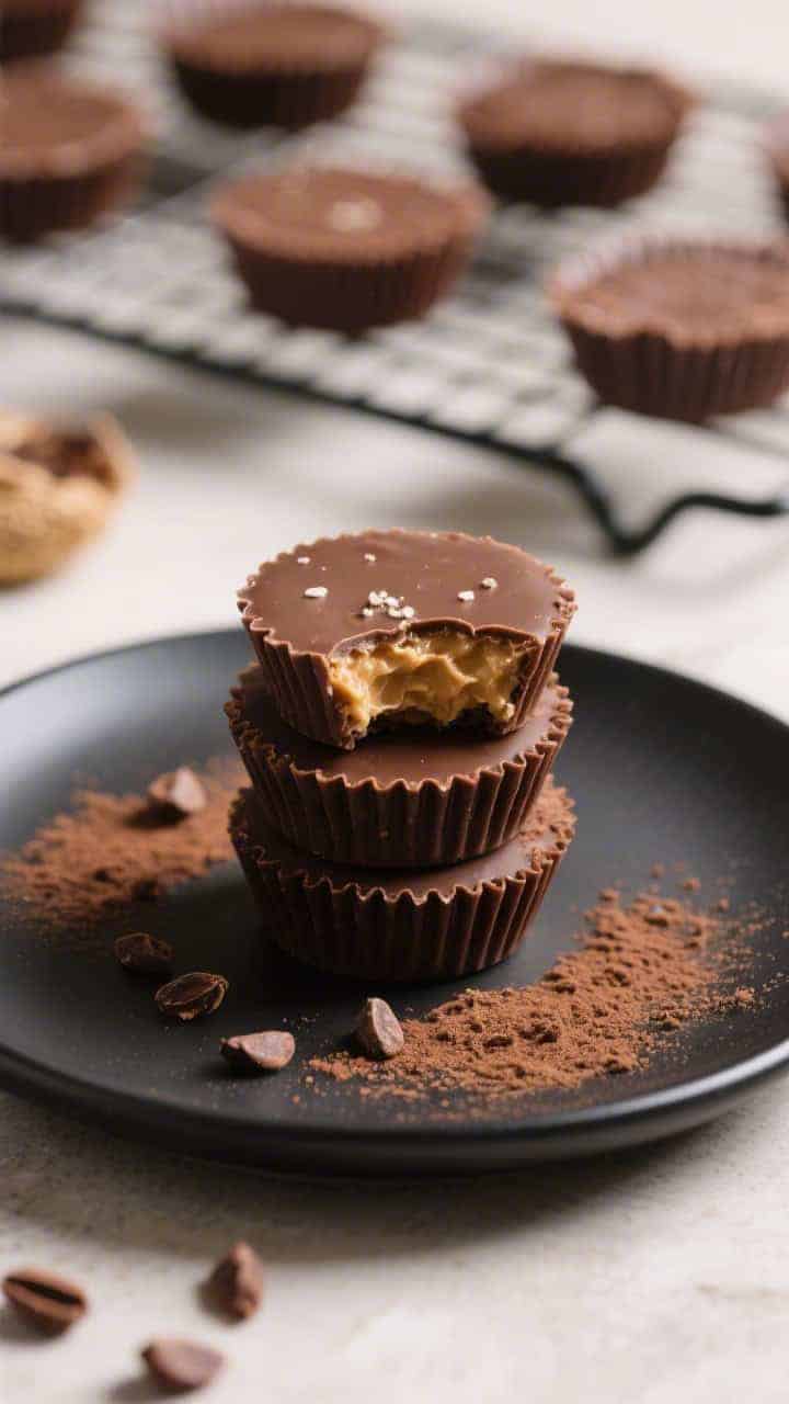 Final dish beauty: Three stacked peanut butter cups on a small matte black plate with one bite taken
