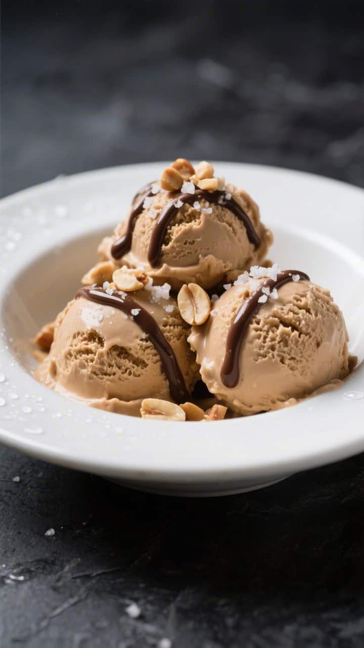 Final dish, plated scoop: Beautifully plated scoops of keto peanut butter ice cream in a matte white