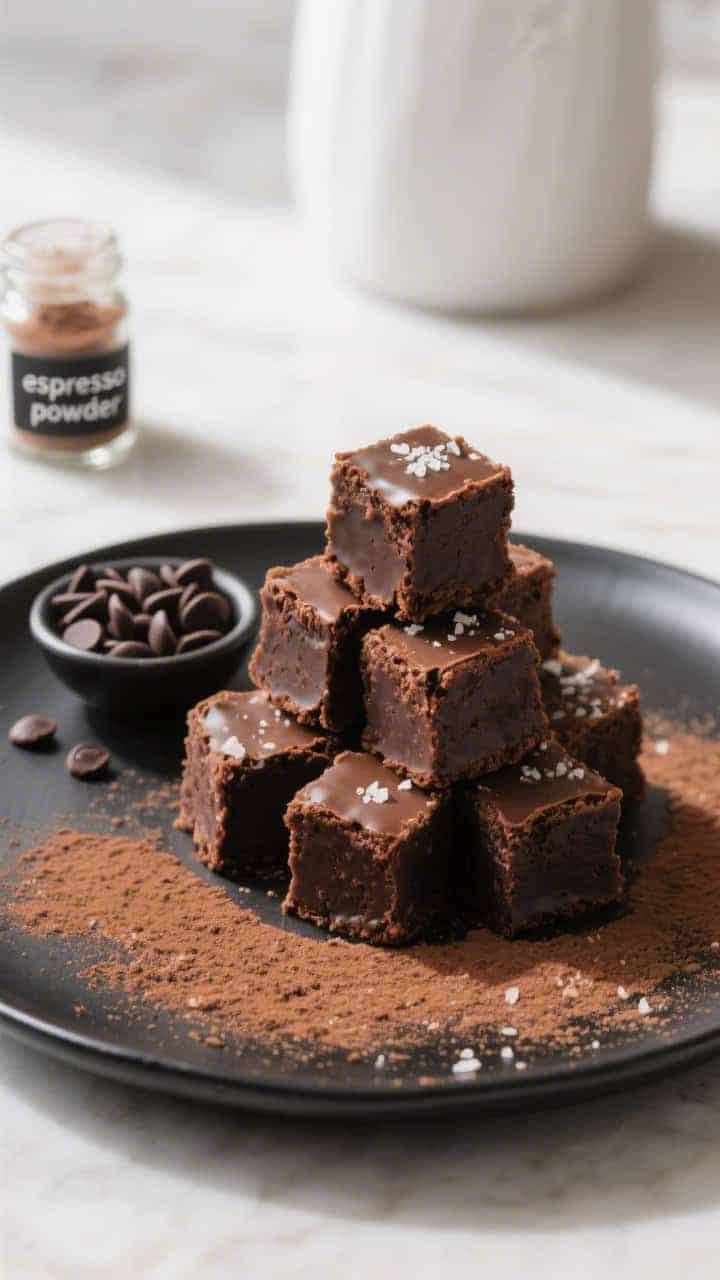 Final dish presentation: A plate of keto chocolate brownie bites stacked in a neat pyramid on a matt