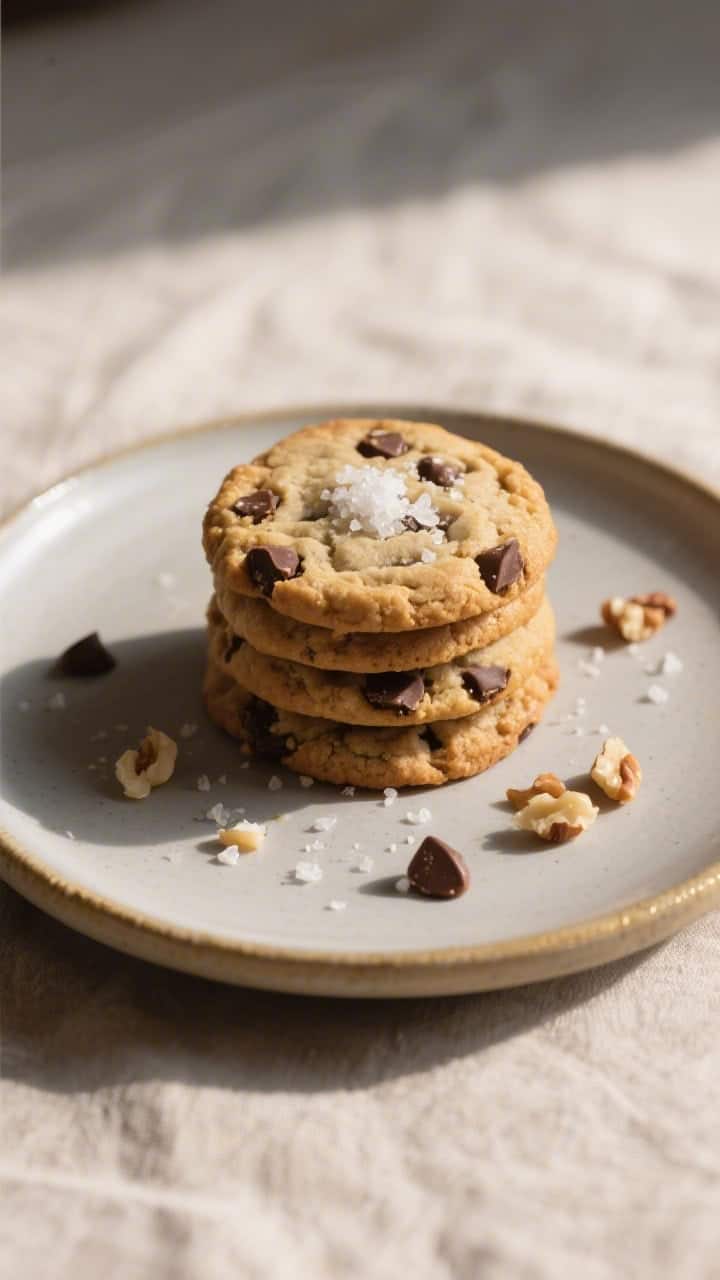 Final dish presentation: A small stack of keto chocolate chip cookies on a matte ceramic plate, edge