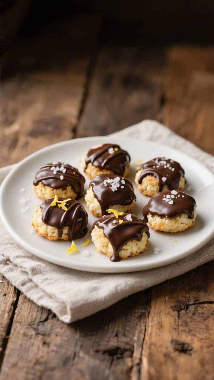 Final dish presentation: Beautifully plated chocolate-dipped keto coconut macaroons on a matte white