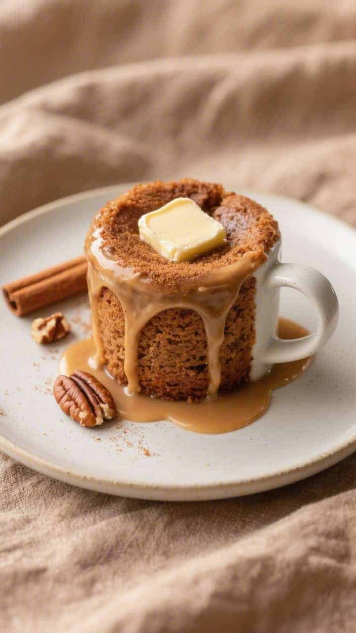 Final dish presentation: Beautifully plated keto cinnamon mug cake removed from the mug and set on a