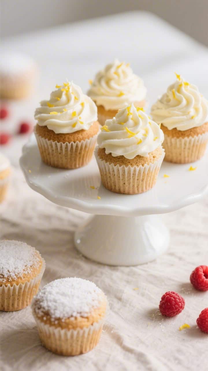Final dish presentation: Frosted keto almond flour cupcakes on a white cake stand—swirls of silky