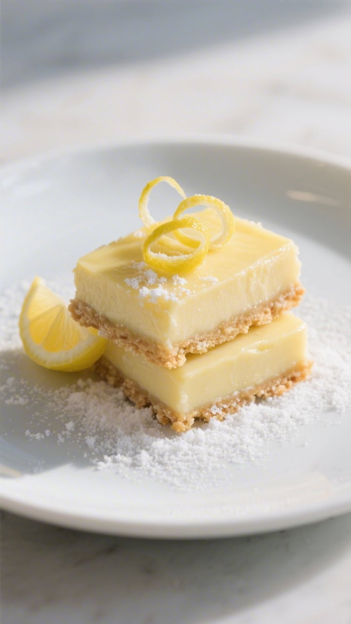 Final dish presentation: Restaurant-quality plating of two keto lemon bars stacked slightly offset o