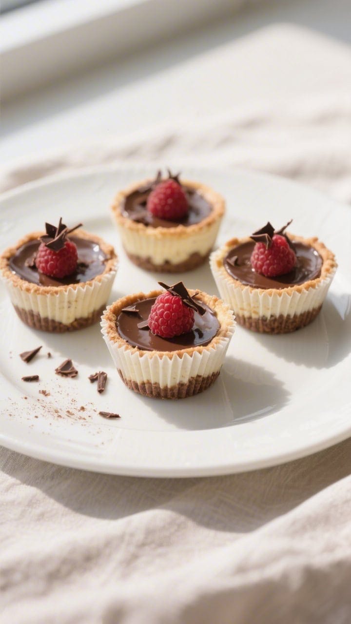 Final dish presentation: Three baked-and-chilled Keto Chocolate Cheesecake Cups on a matte white des