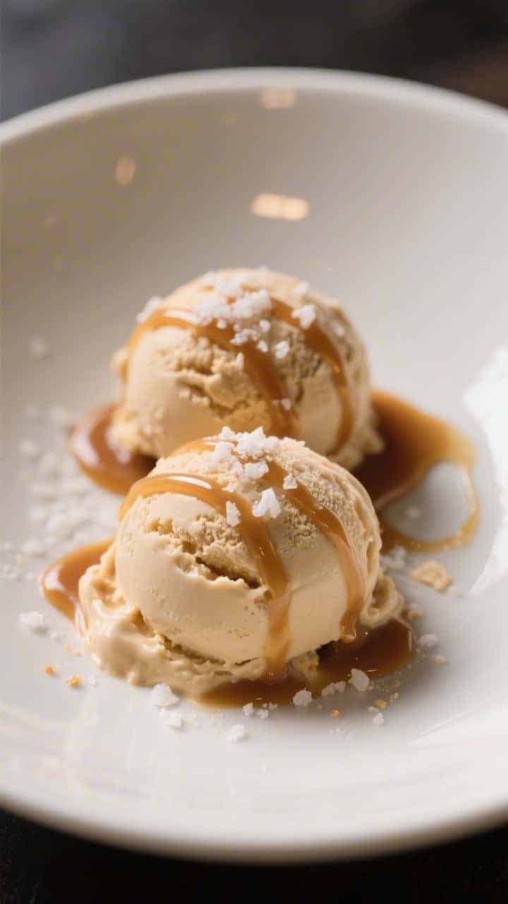 Final dish presentation: Two perfect scoops of keto salted caramel ice cream in a chilled, matte-whi