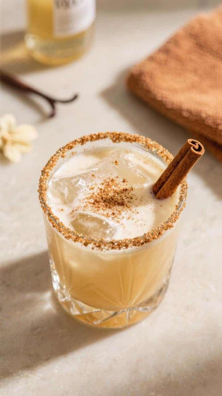 Overhead top-down shot of the finished Cinnamon Toast Cocktail in a rocks glass over fresh ice, show