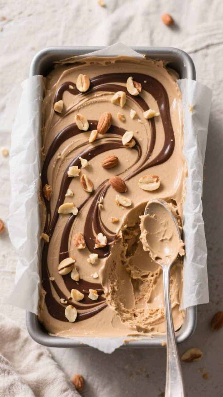 Tasty top view, container shot: Overhead shot of a loaf-pan container filled with set keto peanut bu