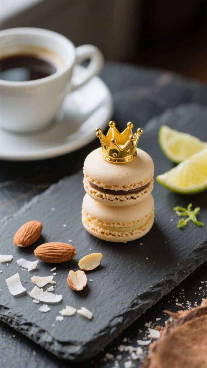 Tasty top view: Overhead coffee-break scene with a small stack of classic macaroons (no chocolate) o