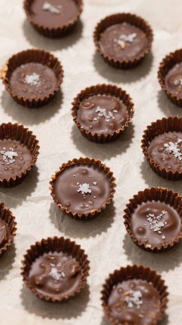 Tasty top view: Overhead presentation of 12 finished keto chocolate peanut butter cups arranged in a