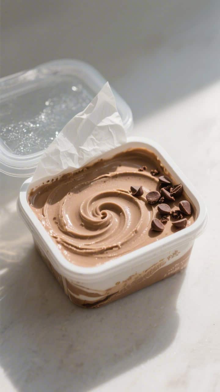 Tasty top view: Overhead shot of a lidded, shallow freezer container just opened, smooth, glassy sur