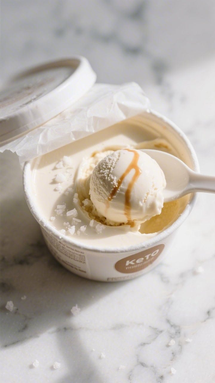 Tasty top view: Overhead shot of a lidded storage container just opened, smooth surface of set keto 