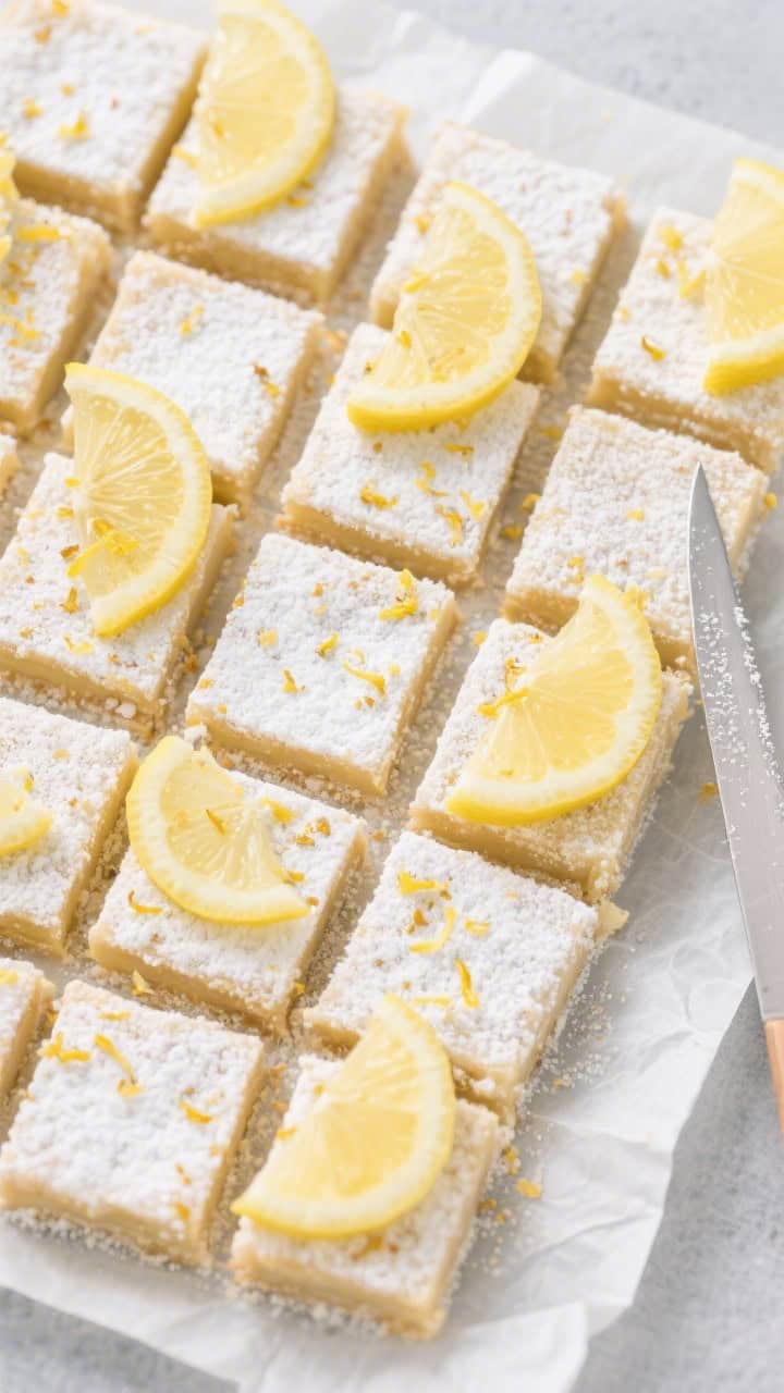 Tasty top view: Overhead shot of chilled keto lemon bars sliced cleanly into 16 squares, dusted ligh