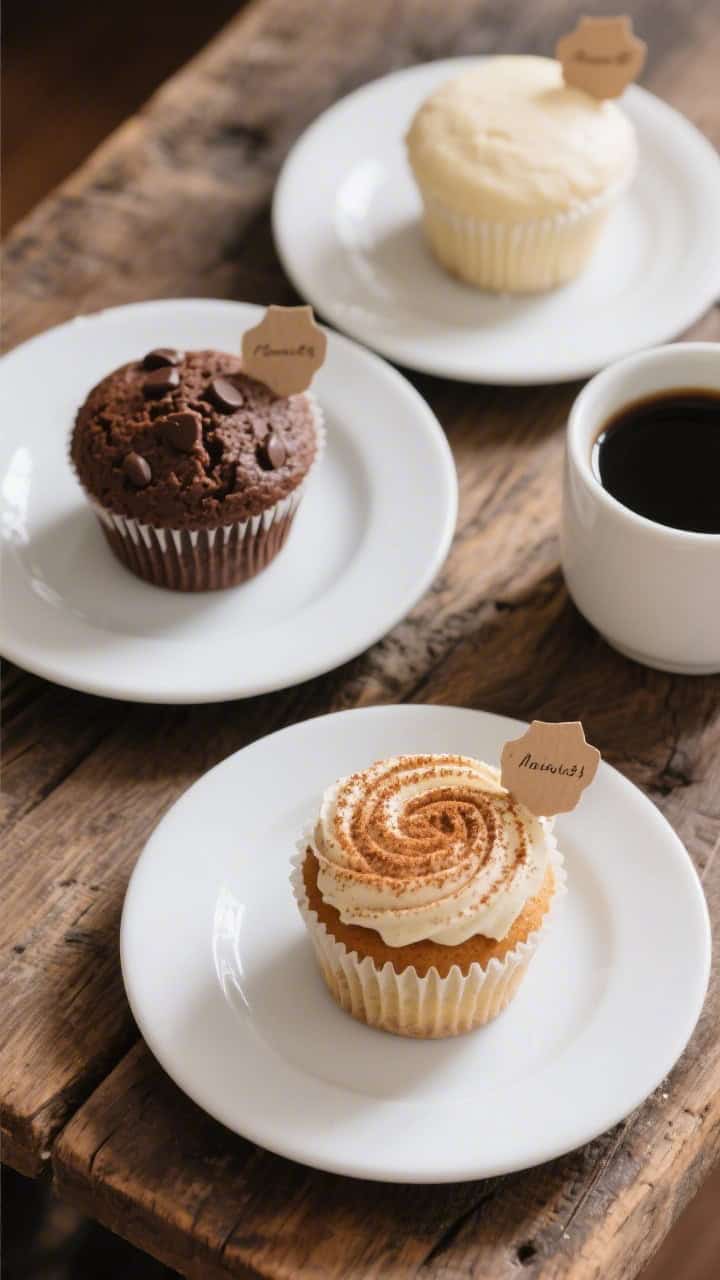 Tasty top view: Top-down image of a rustic wooden table set with three flavor variations: plain vani