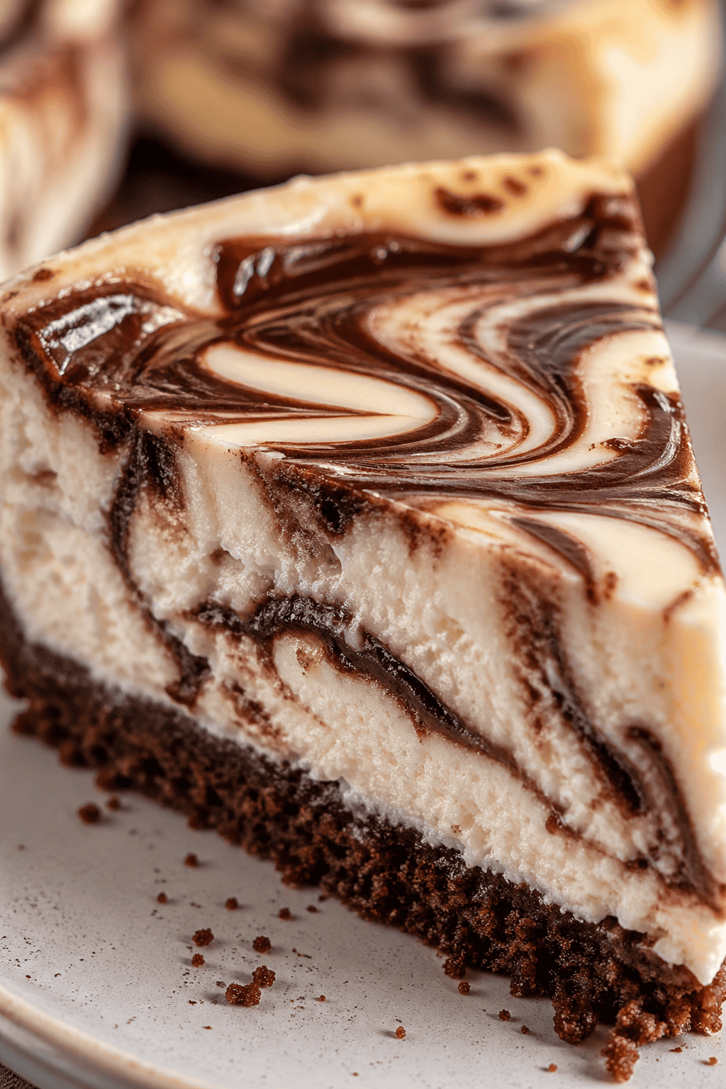 Close up slice of cottage cheese chocolate swirl cheesecake with creamy layers and rich chocolate marbling
