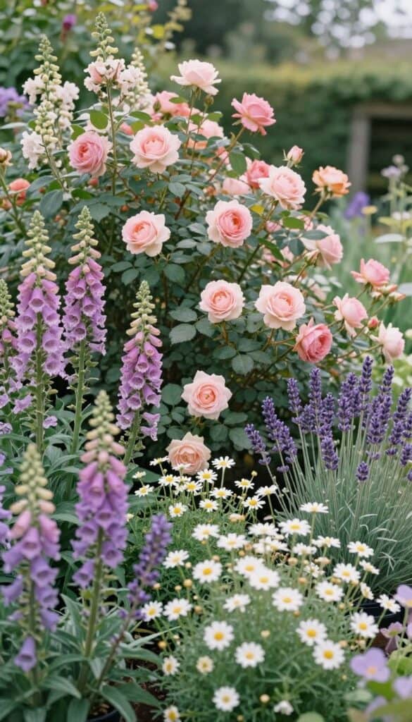 Abundant cottage garden flower bed with mixed blooms in soft pastel colors