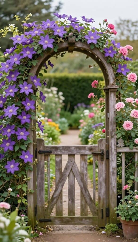 Arched rustic wooden garden gate covered with clematis and climbing roses creating whimsical cottage garden entrance