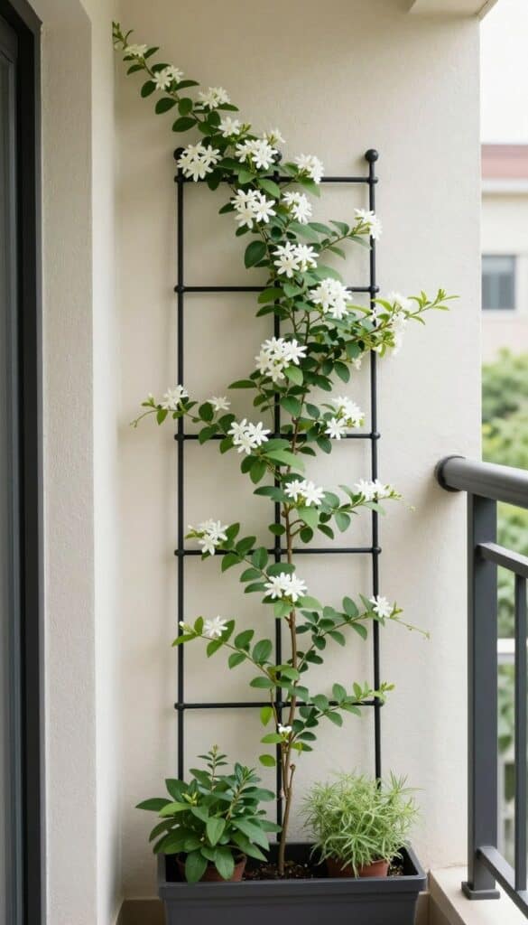 Balcony planter with a slim trellis supporting climbing plants for vertical gardening growth