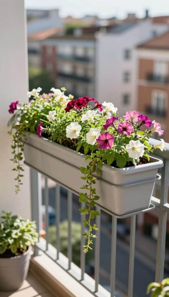 Balcony rail lined with window box planters filled with flowers and greenery for small space gardening
